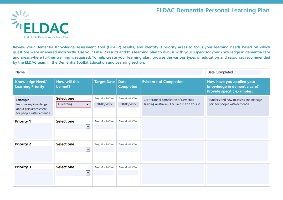 Screenshot of the ELDAC Personal Learning Plan