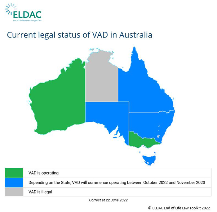 Green = VAD is operating, Blue = Depending on the State, VAD will commence operating between October 2022 and November 2023, Grey=VAD is Illegal